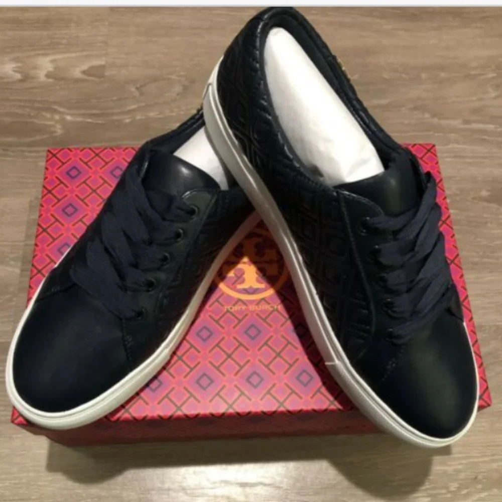 Tory Burch Navy Blue quilted lace up sneakers NIB